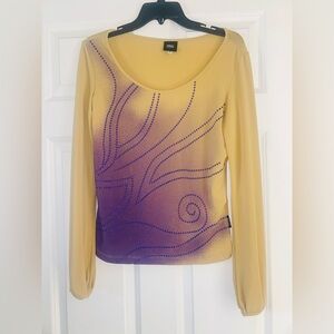 Versace Jeans Tan Purple Long Sleeve Balloon Top Shirt Vintage Designer Medium